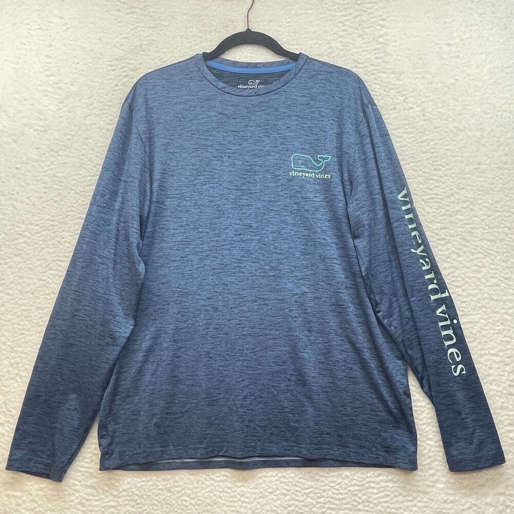 Vineyard Vines Shirt Mens Medium Blue Whale Harbor Logo Preppy Spellout Sleeve